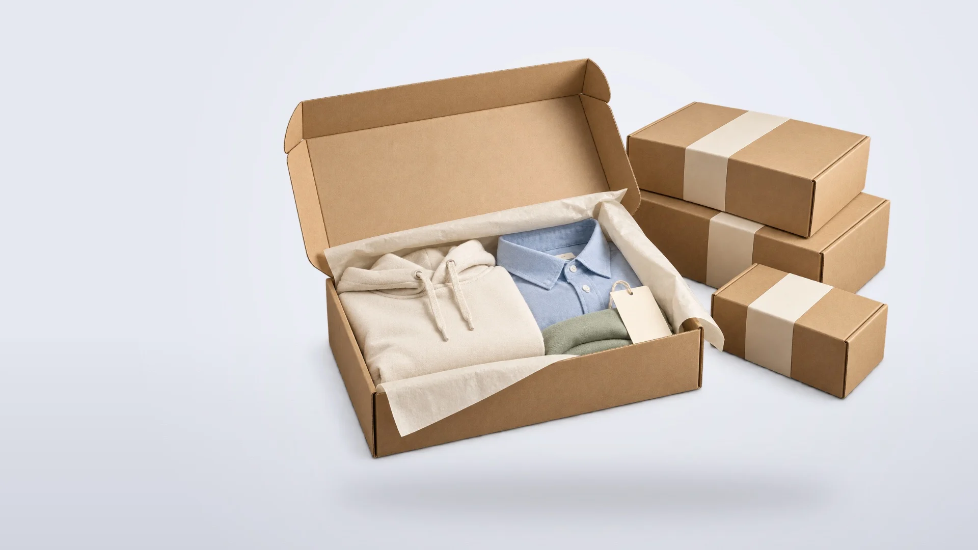 Packaging concept: an open apparel box beside closed boxes, on pale periwinkle